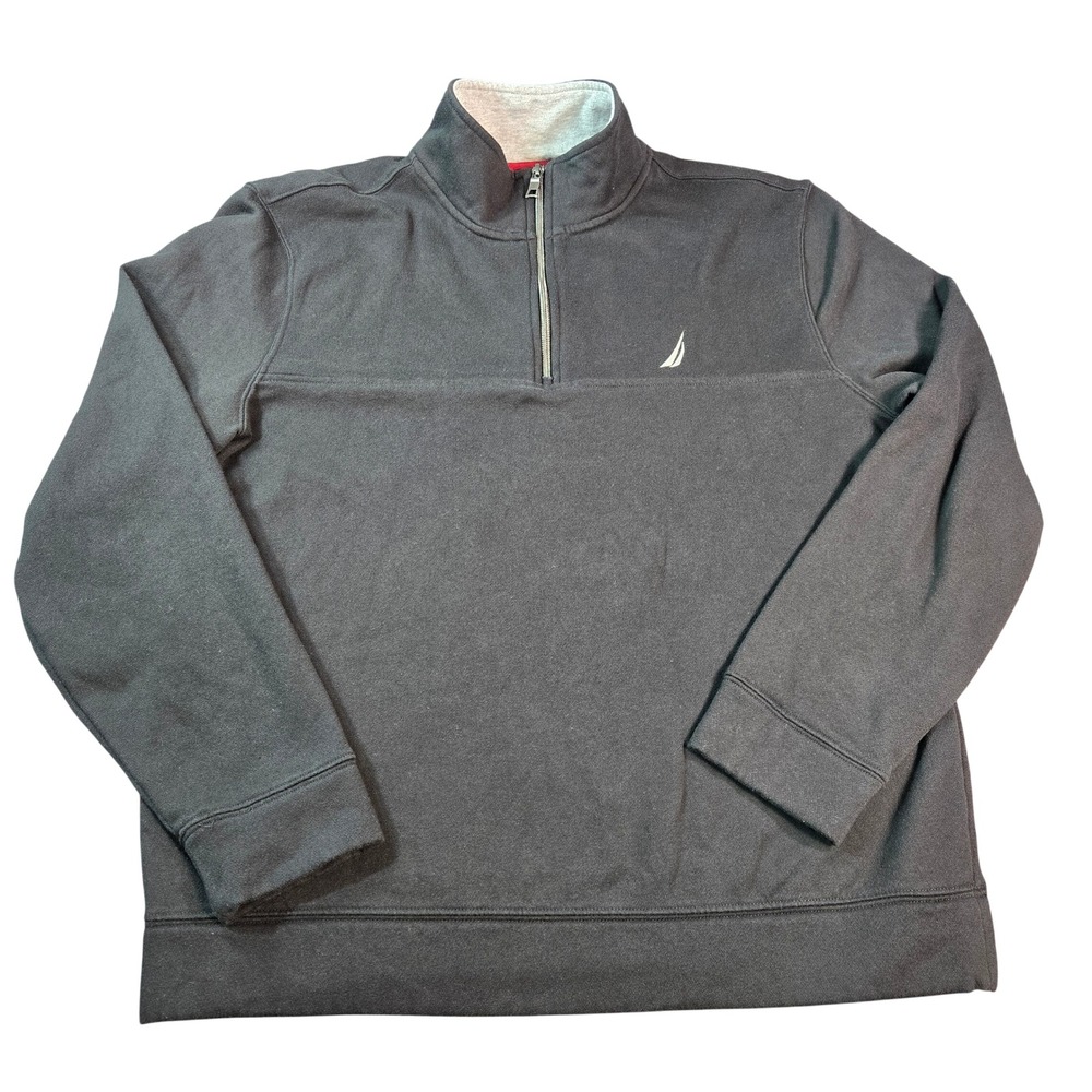 Nautica Mens Black Quarter Zip Fleece Pullover Sweatshirt Size Large Embroidered